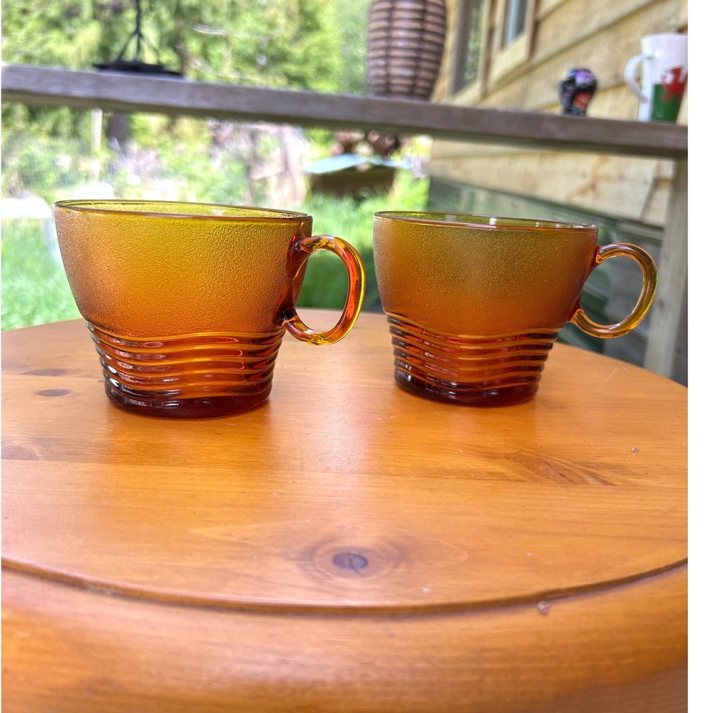 Vintage Ondine Amber Glass Tea‎ Cups Set of 2 Orange Mid Century Modern Duralex